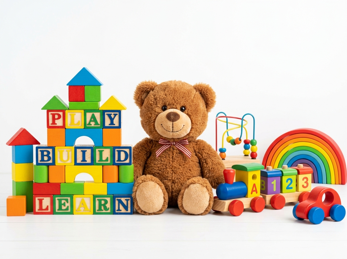 Children wooden building blocks and teddy bear